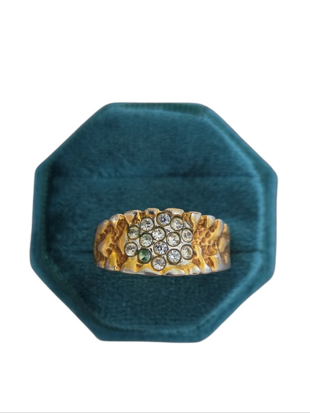 Vintage Size 13 18KT HGE Gold-Tone Crystal Cluster Nugget Wide Band Ring